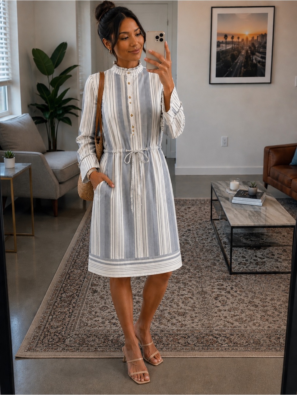 Donna Karan Blue and White Striped Button-Front Midi Dress